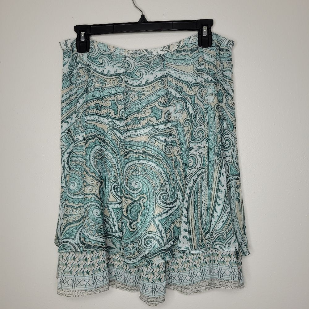 White House Black Market teal blue paisley abstract print flirty skirt size 10 - Picture 2 of 8
